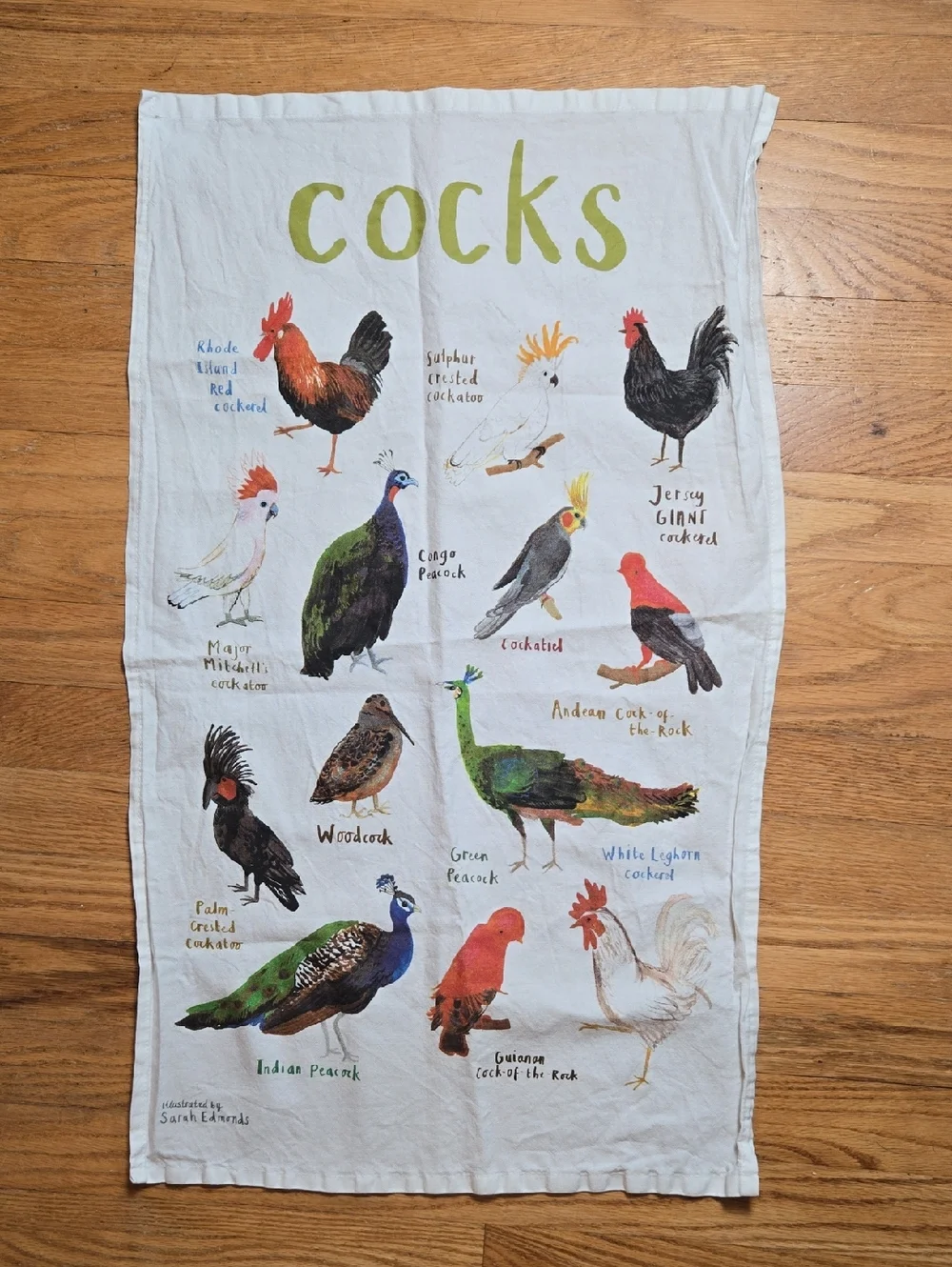Sarah Edmonds Fowl Language 'C*cks' bird tea towel